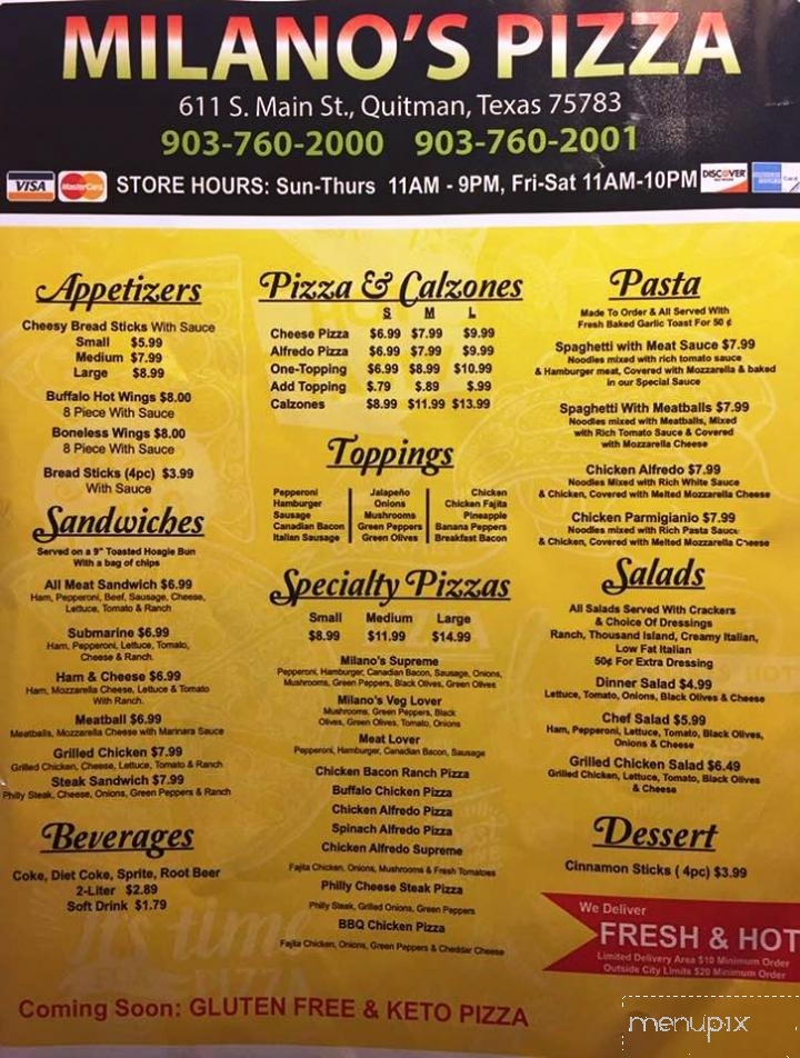 Milanos Pizza - Quitman, TX